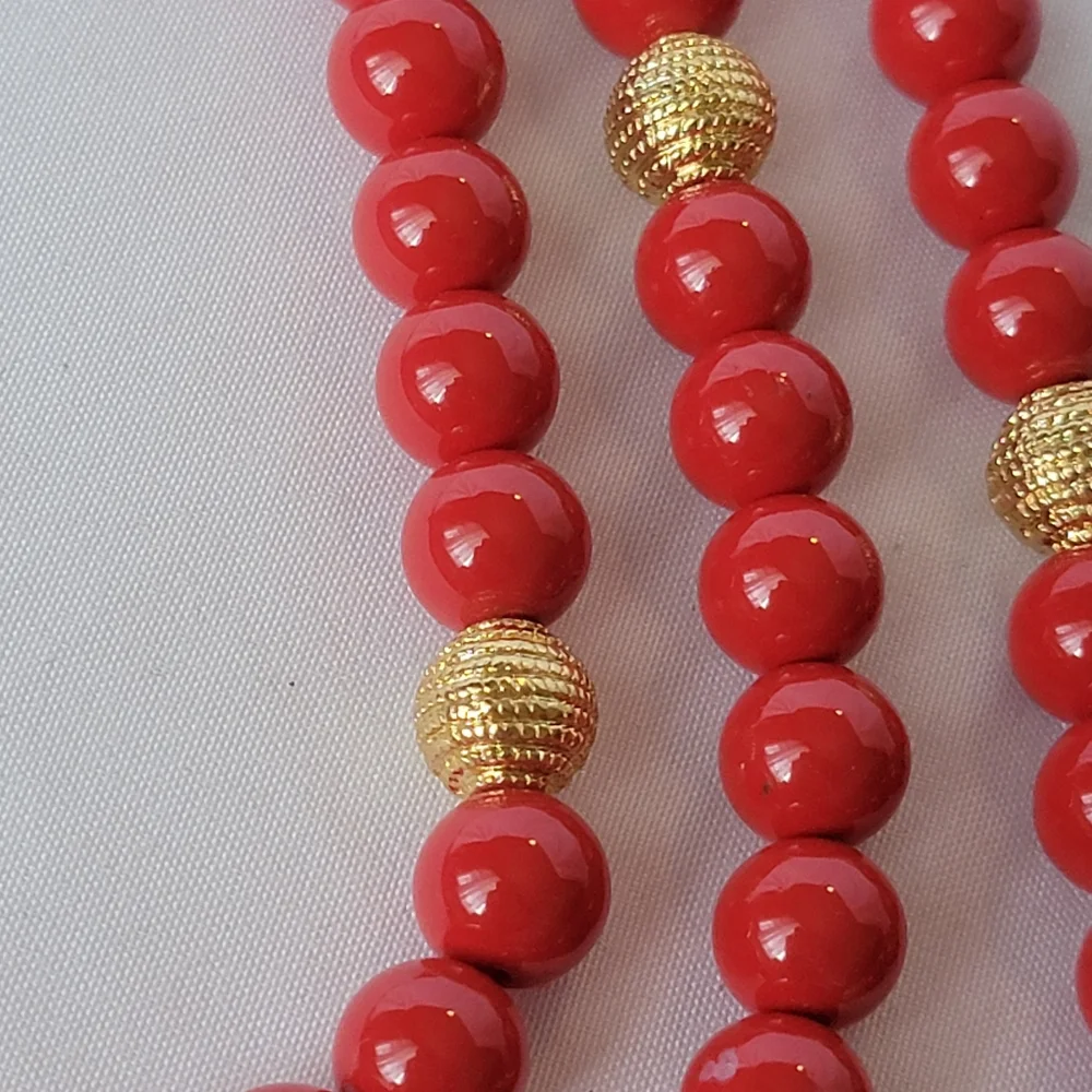 Talbots Signed Red and Gold Three Strand Beaded Necklace